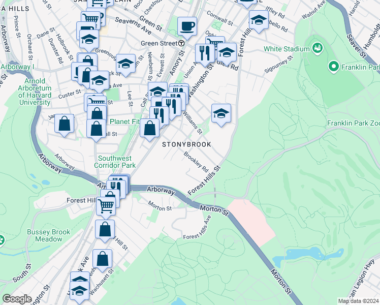 map of restaurants, bars, coffee shops, grocery stores, and more near 81 Brookley Road in Boston