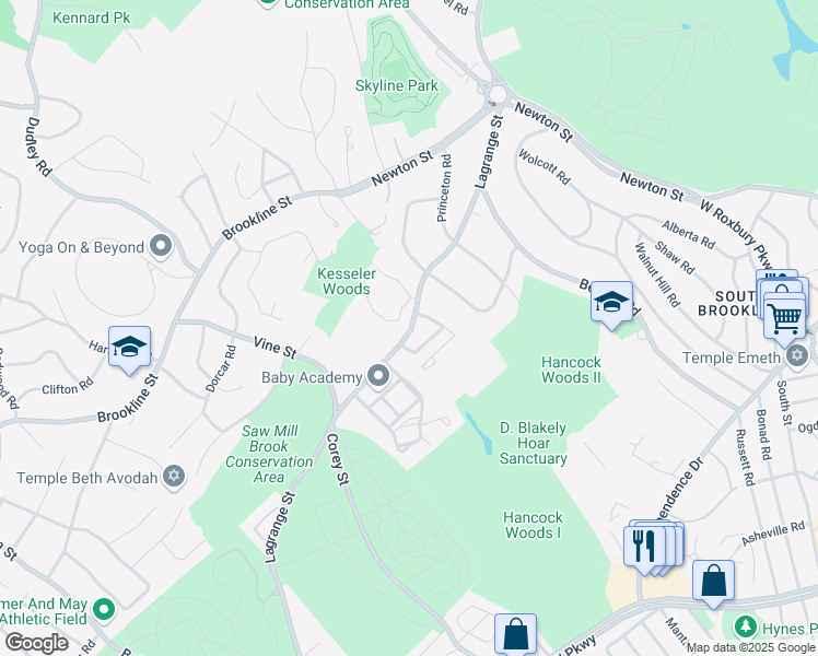 map of restaurants, bars, coffee shops, grocery stores, and more near 46 Broadlawn Drive in Newton