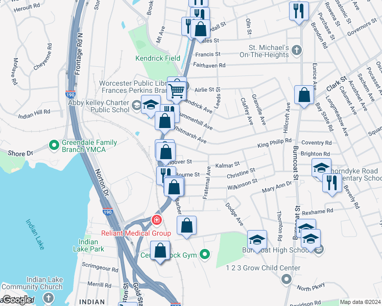 map of restaurants, bars, coffee shops, grocery stores, and more near 34 Andover Street in Worcester