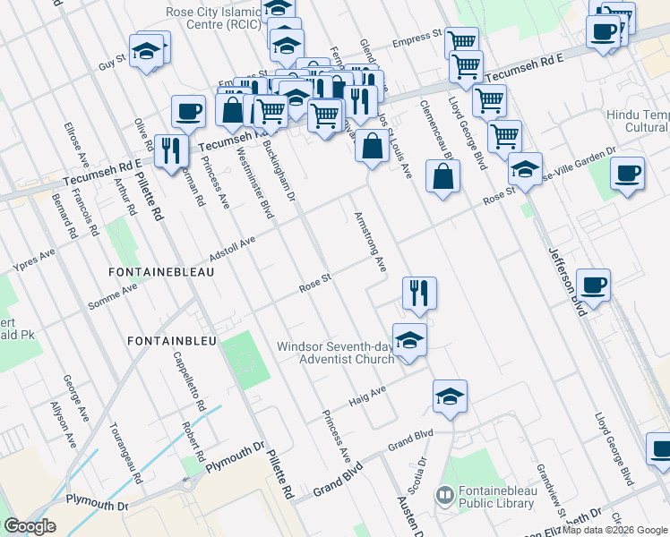 map of restaurants, bars, coffee shops, grocery stores, and more near 2603 Buckingham Drive in Windsor