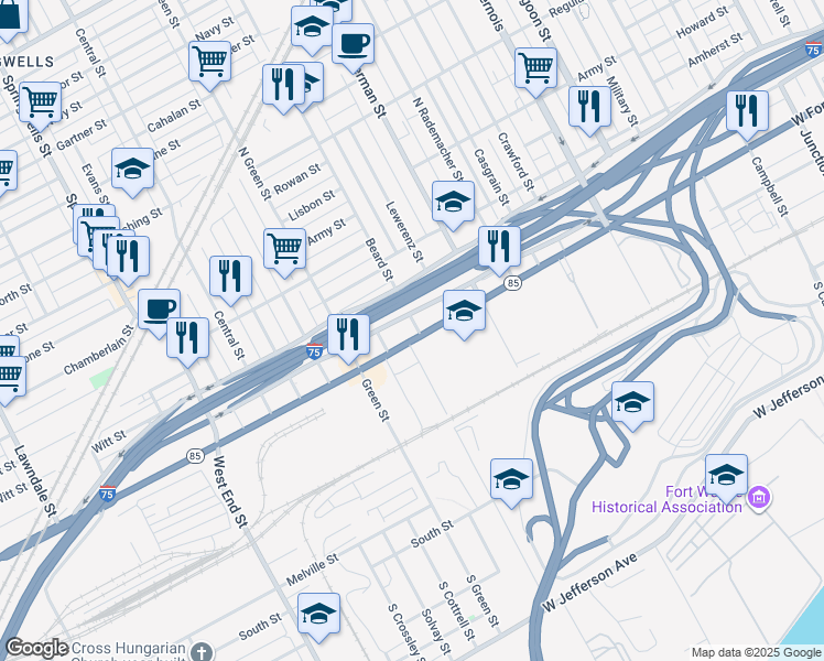 map of restaurants, bars, coffee shops, grocery stores, and more near 705 Beard Street in Detroit