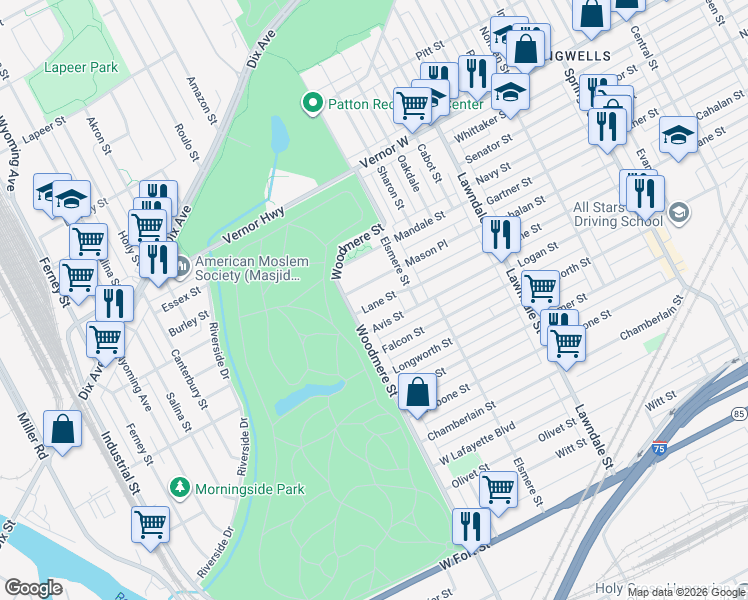 map of restaurants, bars, coffee shops, grocery stores, and more near 9214 Avis Street in Detroit