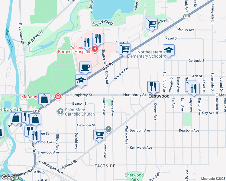 map of restaurants, bars, coffee shops, grocery stores, and more near 1824 Humphrey Street in Kalamazoo
