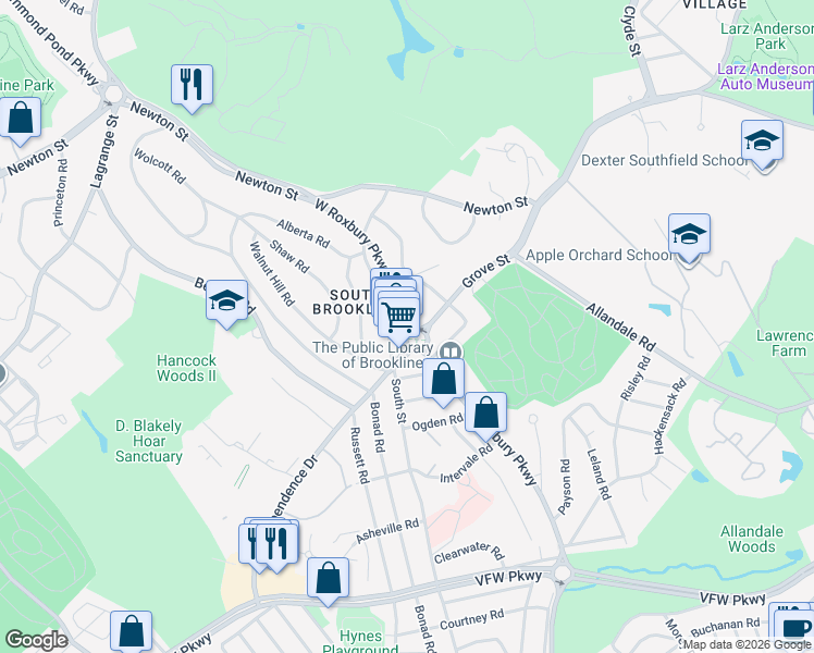 map of restaurants, bars, coffee shops, grocery stores, and more near 1019 West Roxbury Parkway in Brookline