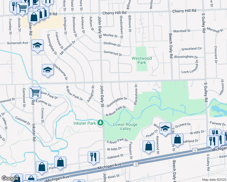 map of restaurants, bars, coffee shops, grocery stores, and more near 1097 Meadowbrook Street in Inkster