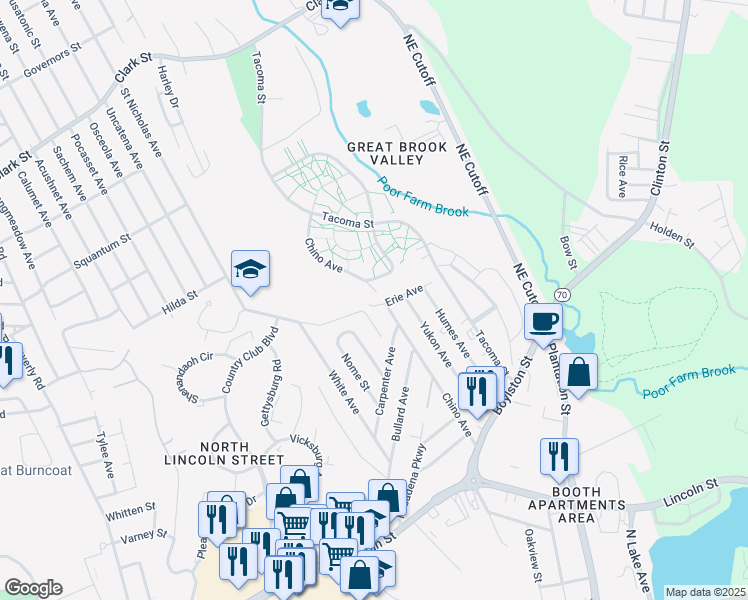 map of restaurants, bars, coffee shops, grocery stores, and more near 14 Constitution Avenue in Worcester