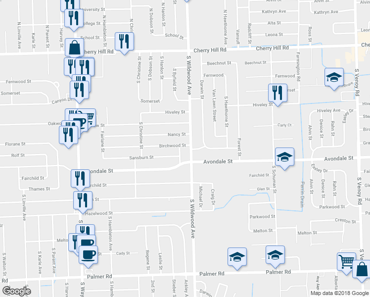 map of restaurants, bars, coffee shops, grocery stores, and more near 34429 Birchwood in Westland