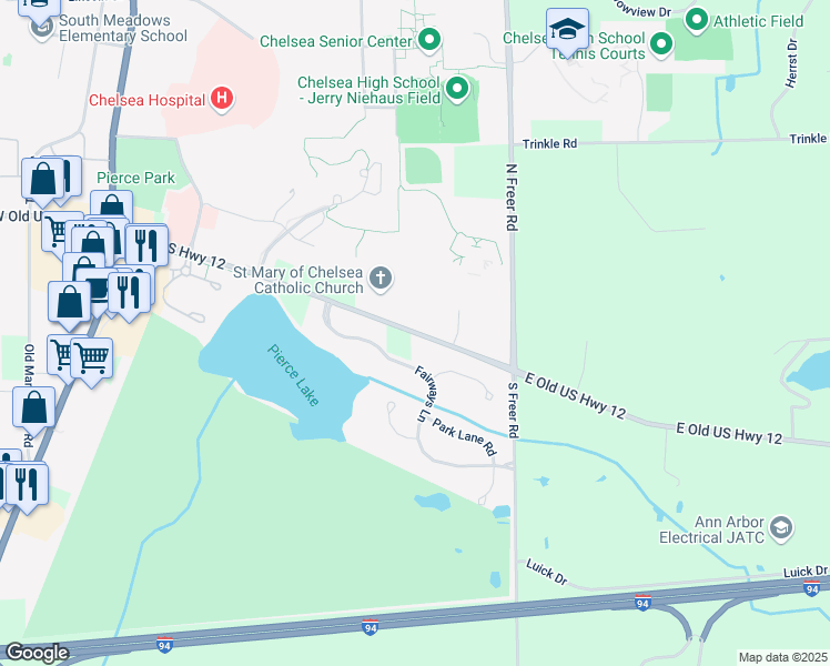 map of restaurants, bars, coffee shops, grocery stores, and more near East Old US Highway 12 in Chelsea