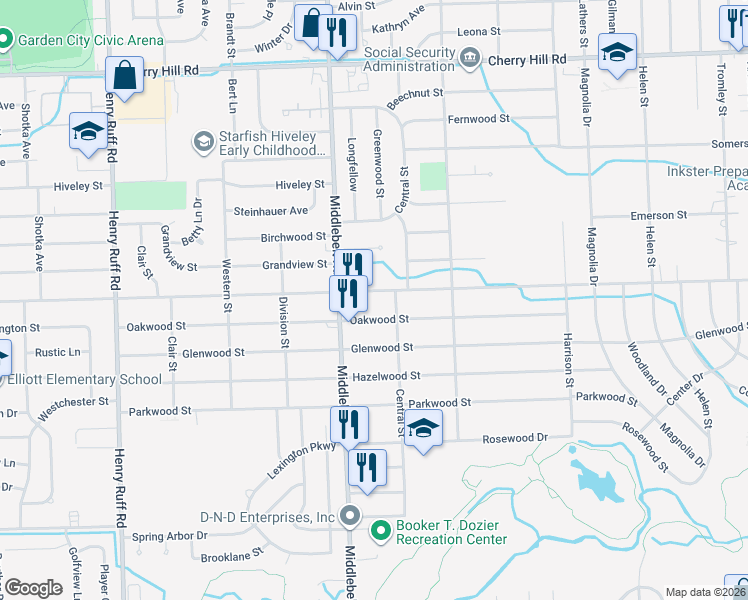 map of restaurants, bars, coffee shops, grocery stores, and more near 29118 Avondale Street in Inkster