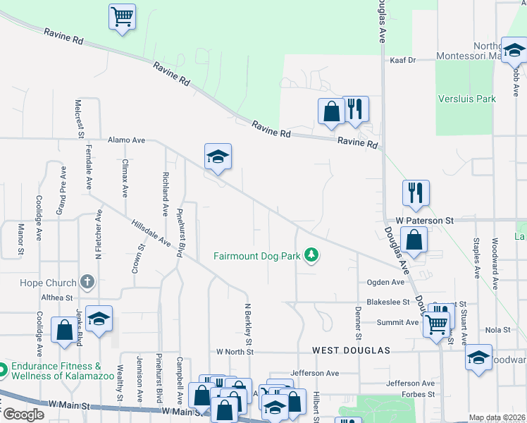 map of restaurants, bars, coffee shops, grocery stores, and more near 1808 Alamo Avenue in Kalamazoo
