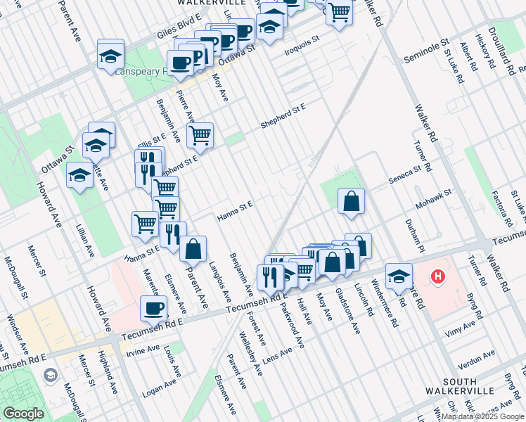 map of restaurants, bars, coffee shops, grocery stores, and more near 1622 Hall Avenue in Windsor