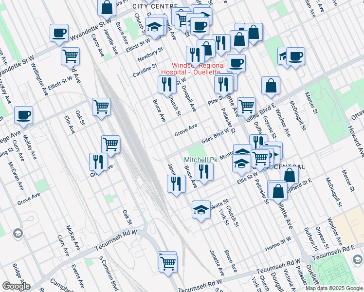 map of restaurants, bars, coffee shops, grocery stores, and more near 476 Giles Boulevard West in Windsor
