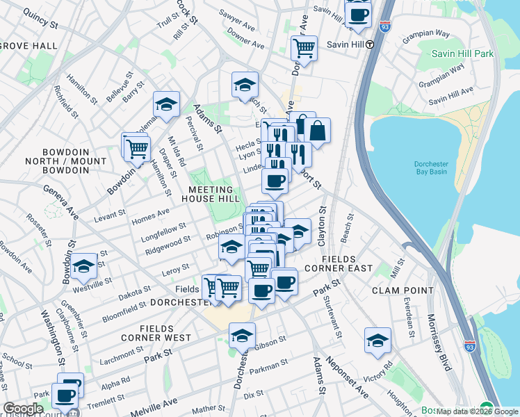 map of restaurants, bars, coffee shops, grocery stores, and more near 1353 Dorchester Avenue in Boston