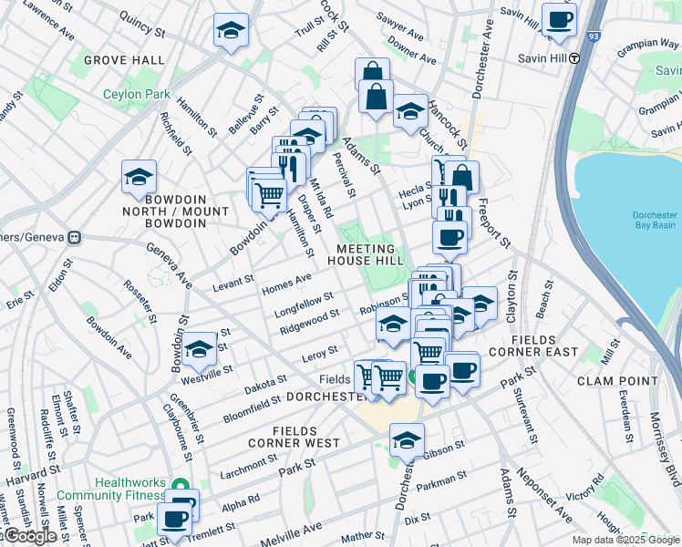 map of restaurants, bars, coffee shops, grocery stores, and more near 77 Mount Ida Road in Boston