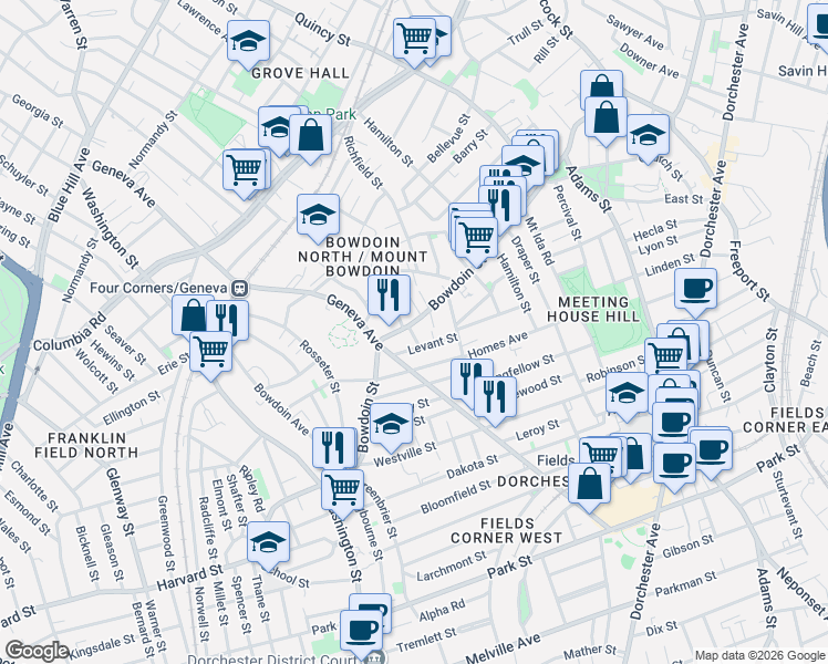 map of restaurants, bars, coffee shops, grocery stores, and more near 8 Eunice Street in Boston