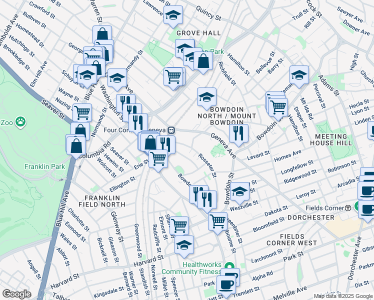 map of restaurants, bars, coffee shops, grocery stores, and more near 24 Rosseter Street in Boston