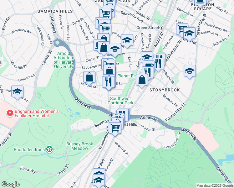 map of restaurants, bars, coffee shops, grocery stores, and more near 22 Rosemary Street in Boston