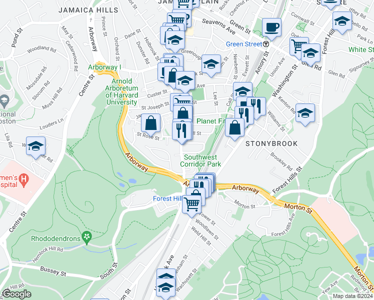 map of restaurants, bars, coffee shops, grocery stores, and more near 22 Rosemary Street in Boston