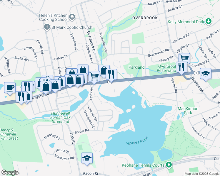 map of restaurants, bars, coffee shops, grocery stores, and more near 987 Massachusetts 9 in Wellesley