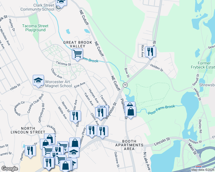 map of restaurants, bars, coffee shops, grocery stores, and more near 80 Northeast Cutof in Worcester