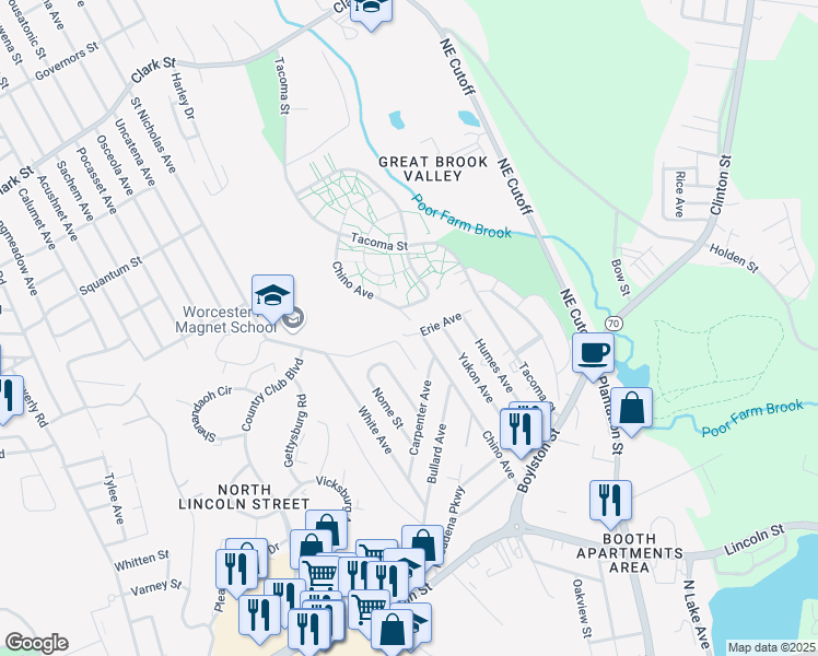 map of restaurants, bars, coffee shops, grocery stores, and more near 14 Constitution Avenue in Worcester