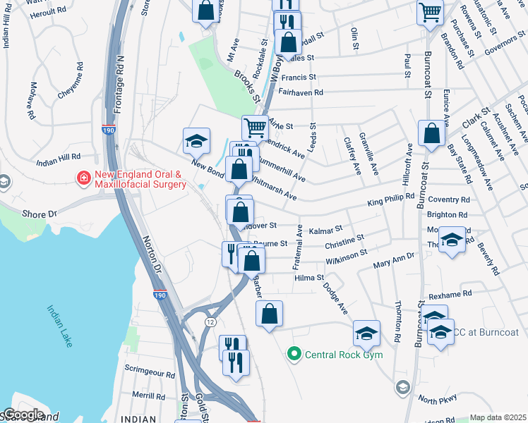 map of restaurants, bars, coffee shops, grocery stores, and more near 31 King Philip Road in Worcester