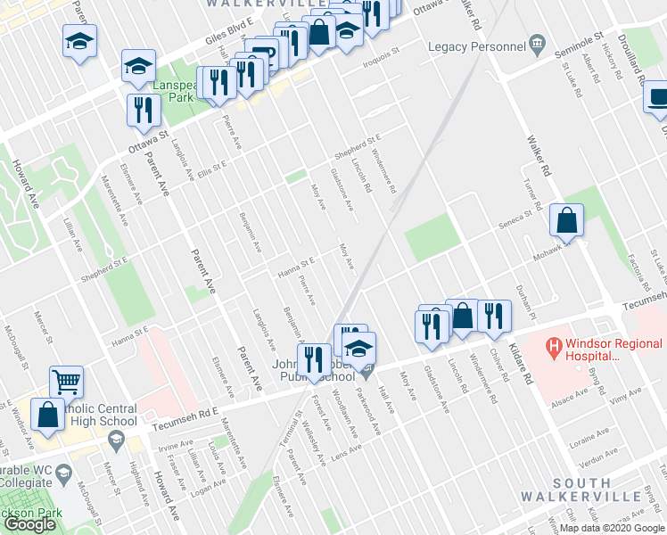 map of restaurants, bars, coffee shops, grocery stores, and more near in Windsor
