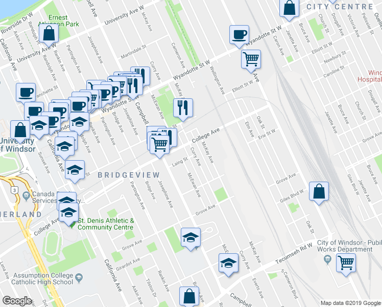 map of restaurants, bars, coffee shops, grocery stores, and more near in Windsor