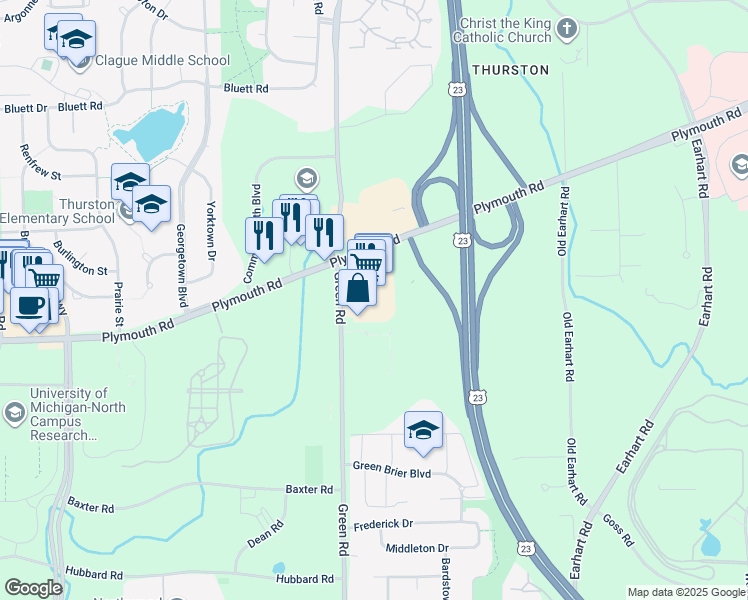 map of restaurants, bars, coffee shops, grocery stores, and more near 3584 Plymouth Road in Ann Arbor