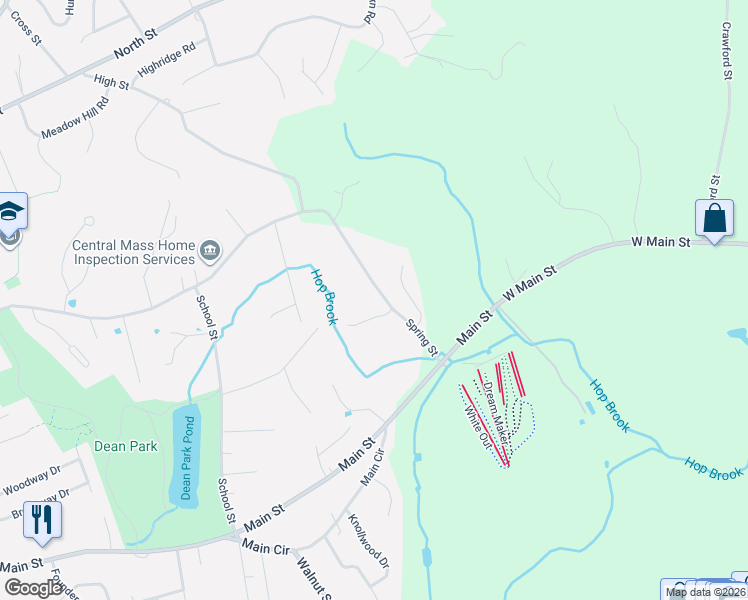 map of restaurants, bars, coffee shops, grocery stores, and more near 315 Spring Street in Shrewsbury