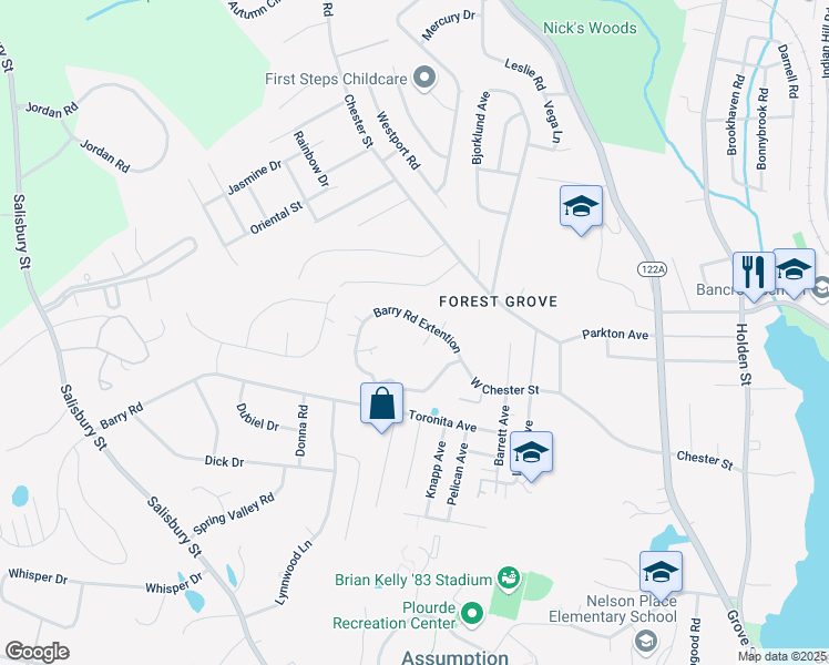 map of restaurants, bars, coffee shops, grocery stores, and more near 101 Barry Road in Worcester