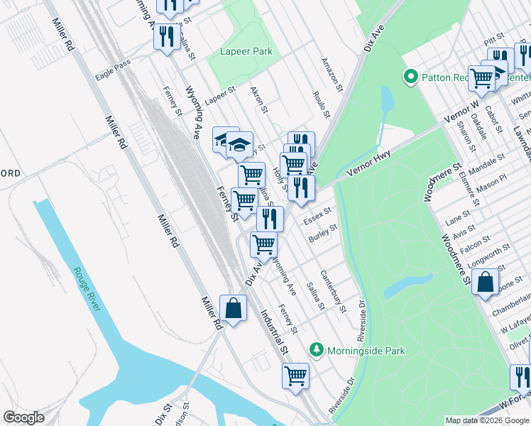 map of restaurants, bars, coffee shops, grocery stores, and more near 2443 Salina Street in Dearborn