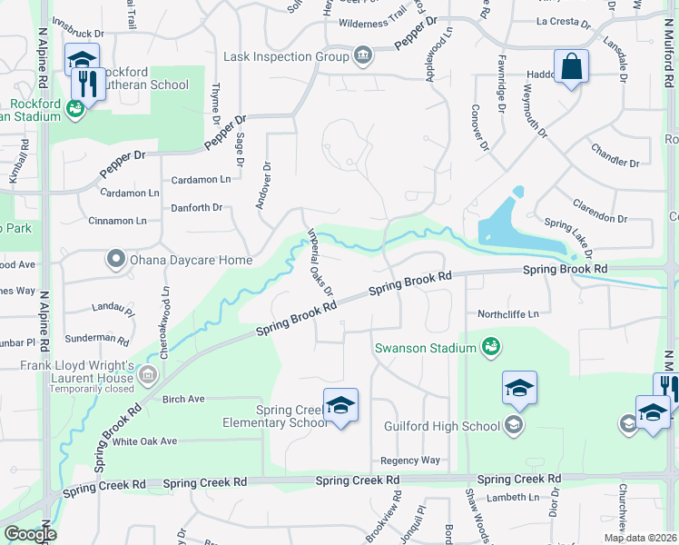 map of restaurants, bars, coffee shops, grocery stores, and more near 5140 Farmington Close in Rockford