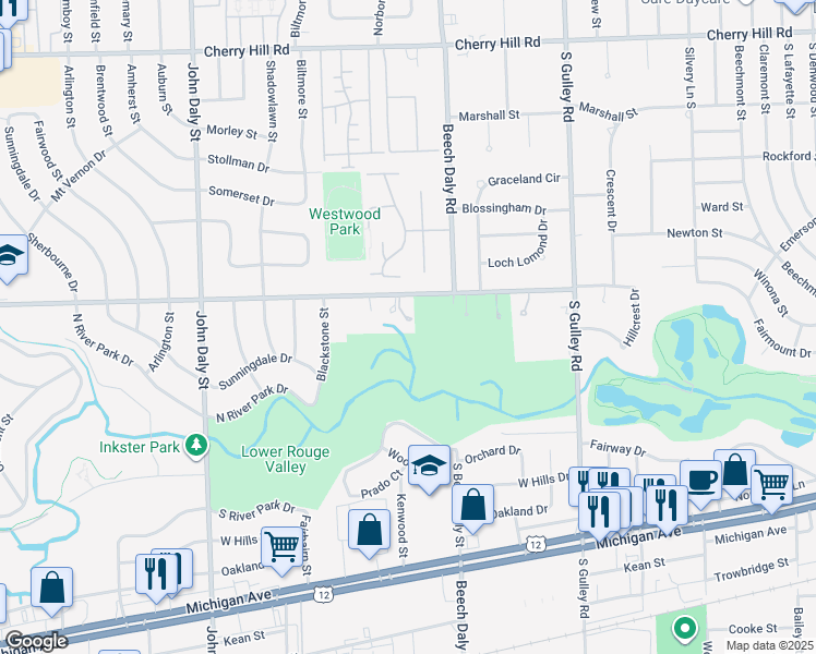 map of restaurants, bars, coffee shops, grocery stores, and more near 25951 Avondale Street in Inkster