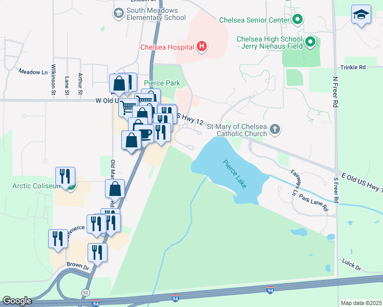 map of restaurants, bars, coffee shops, grocery stores, and more near 212 Pierce Lake Drive in Chelsea