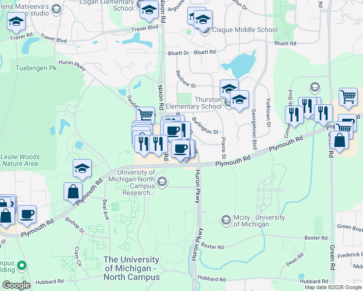 map of restaurants, bars, coffee shops, grocery stores, and more near 2753 Plymouth Road in Ann Arbor