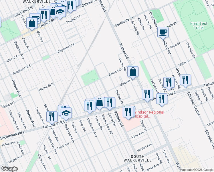map of restaurants, bars, coffee shops, grocery stores, and more near 1722 Kildare Road in Windsor
