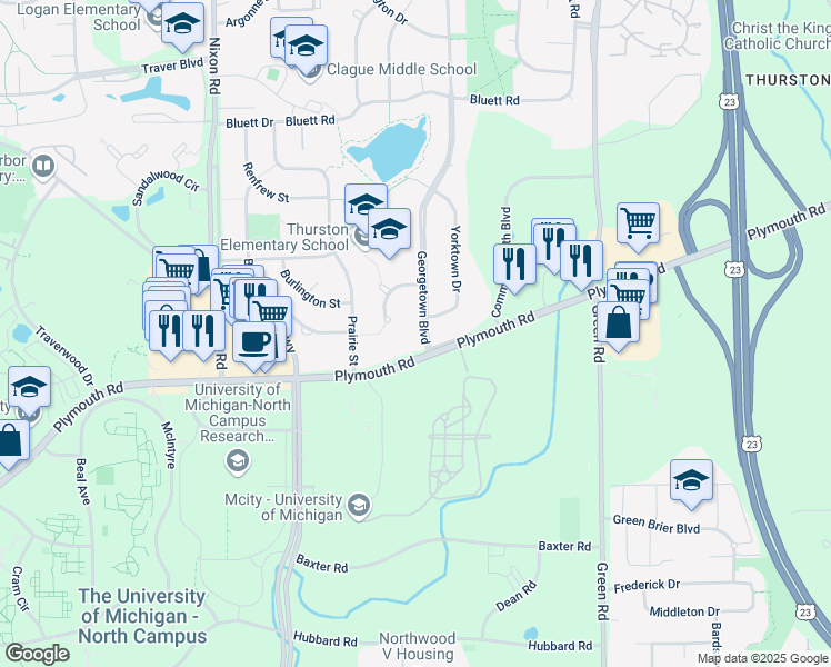 map of restaurants, bars, coffee shops, grocery stores, and more near 2027 Georgetown Boulevard in Ann Arbor