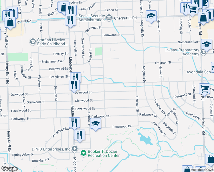 map of restaurants, bars, coffee shops, grocery stores, and more near 28750 Avondale Street in Inkster