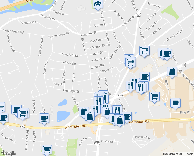 map of restaurants, bars, coffee shops, grocery stores, and more near 18 Royce Road in Framingham
