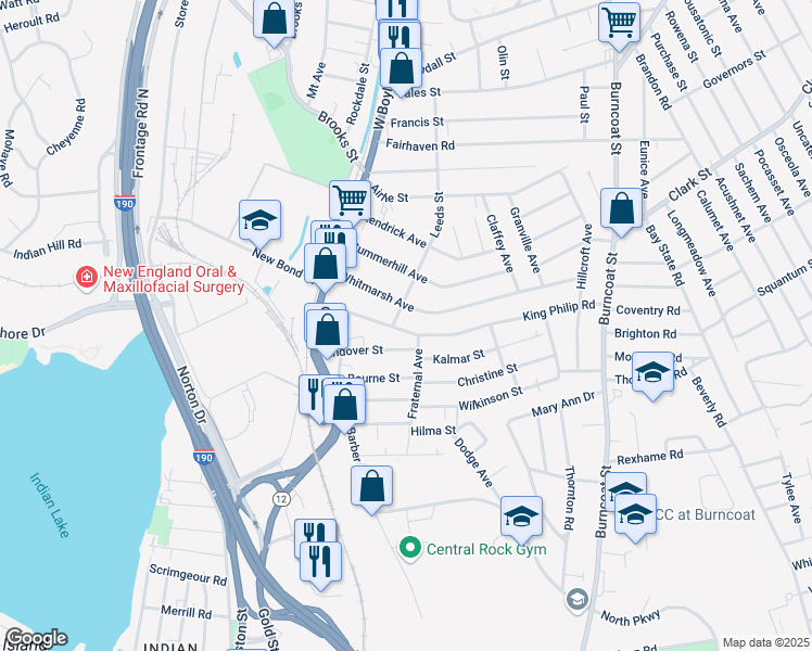 map of restaurants, bars, coffee shops, grocery stores, and more near 12 Leeds Street in Worcester