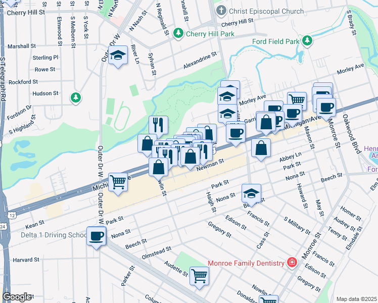map of restaurants, bars, coffee shops, grocery stores, and more near 22699 Garrison Street in Dearborn