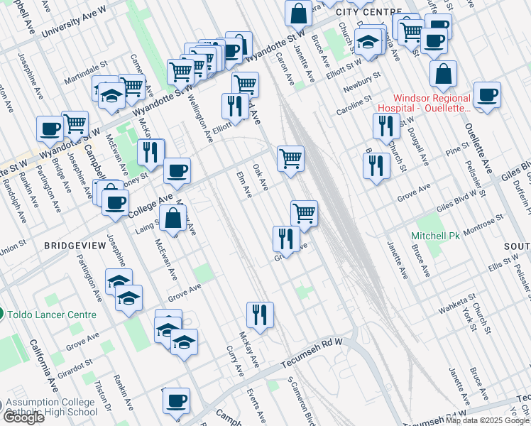 map of restaurants, bars, coffee shops, grocery stores, and more near 1042 Elm Avenue in Windsor