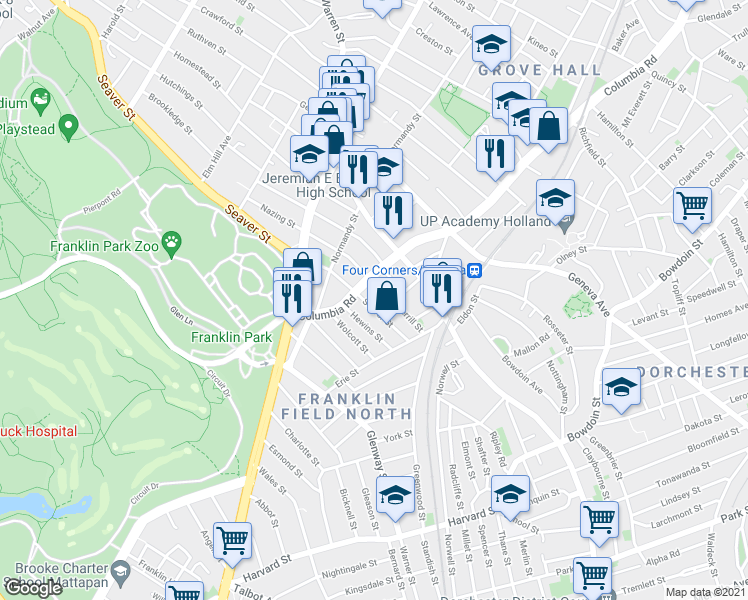 map of restaurants, bars, coffee shops, grocery stores, and more near 2 Pasadena Road in Boston