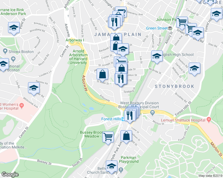 map of restaurants, bars, coffee shops, grocery stores, and more near 49 Saint Rose Street in Boston