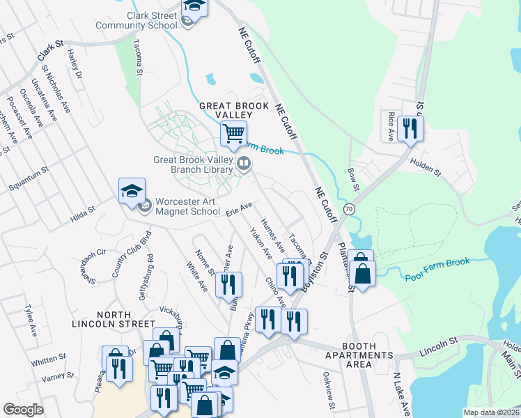 map of restaurants, bars, coffee shops, grocery stores, and more near 63 Tacoma Street in Worcester