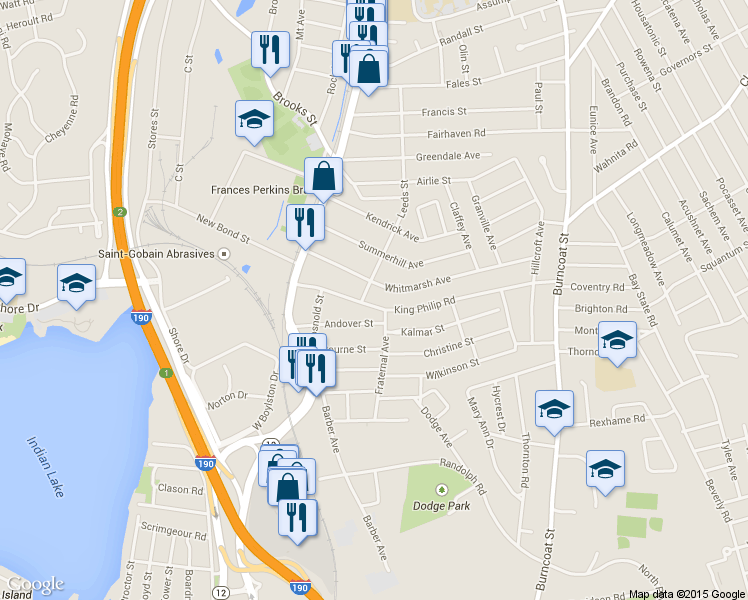 map of restaurants, bars, coffee shops, grocery stores, and more near 12 Leeds Street in Worcester