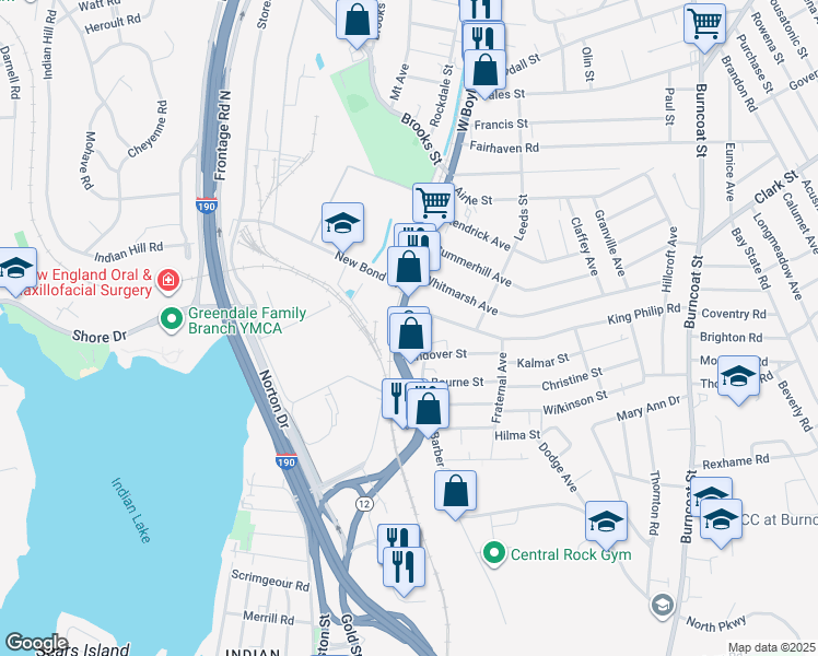 map of restaurants, bars, coffee shops, grocery stores, and more near 5 King Philip Road in Worcester
