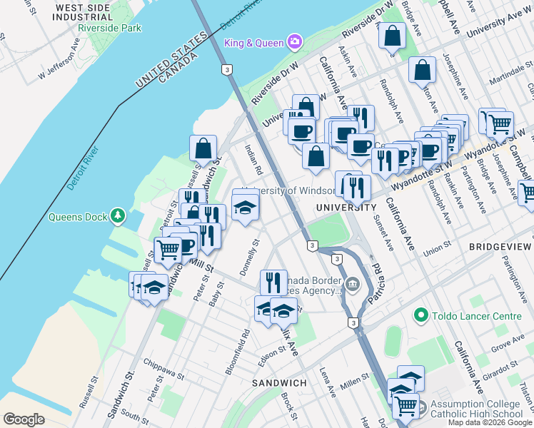 map of restaurants, bars, coffee shops, grocery stores, and more near in Windsor
