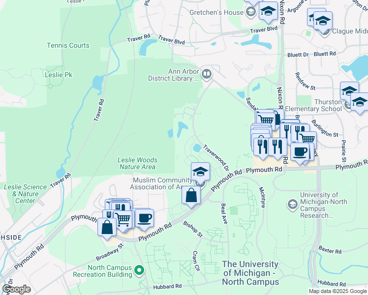map of restaurants, bars, coffee shops, grocery stores, and more near Devon Circle in Ann Arbor